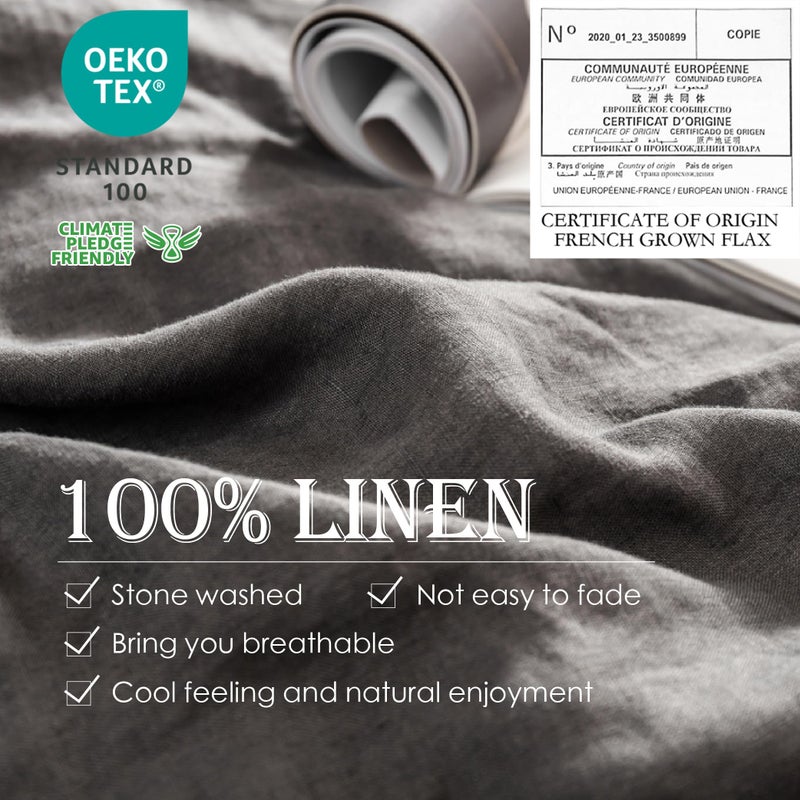 Simple&Opulence 100% Linen Duvet Cover Set 3pcs Basic Style Natural French Washed Flax Solid Color Soft Breathable Farmhouse Bedding with Button Closure - Dark Grey, King - Image 2